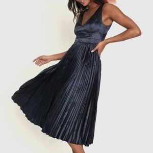 Navy Blue Satin Backless Sleeveless Pleated Midi Dress Floral Brocade XS